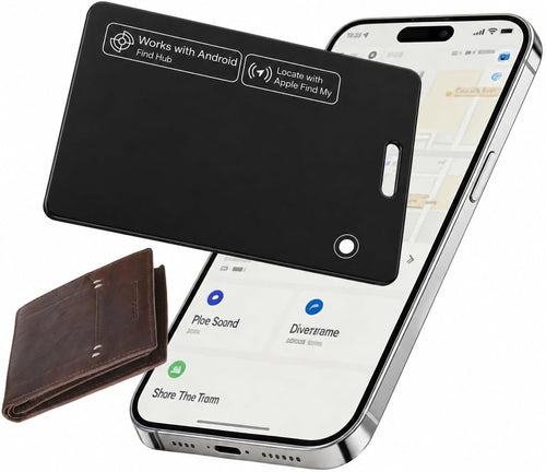 CCILAND slim black wallet tracker card with a phone and wallet